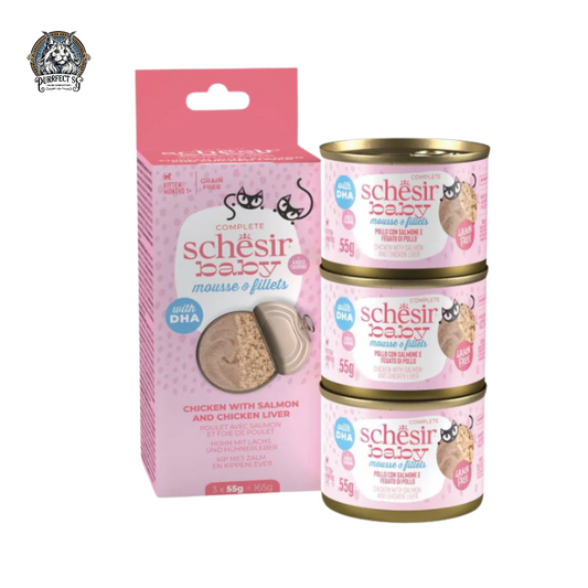 SCHESIR CAT BABY MOUSSE & FILLETS CHICKEN WITH SALMON AND CHICKEN LIVER 165g (3 x 55g)